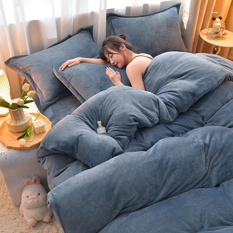 Class A Maternal Infant Grade Milk Fleece 4-Pcs Set, Warm Thickened Coral Fleece Fleece Bed Sheet, Bed Hat, Quilt Cover 3-Pcs Set