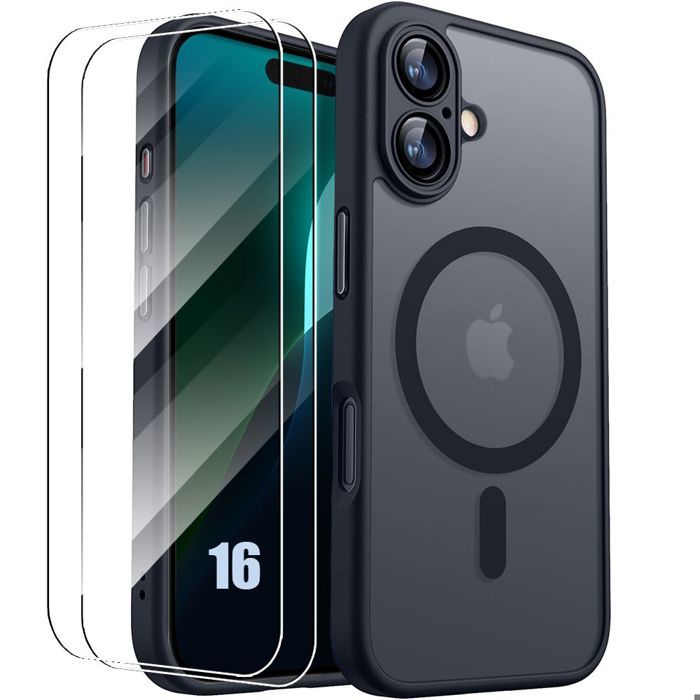 Coque de Protection - BOOLING - iPhone 16 - Anneau Magnétique - 2 Vitres - Noir