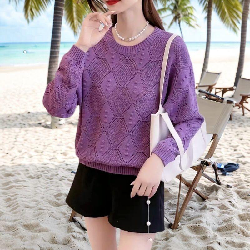 Plus Size Plus Fat Knit Sweater Women's Spring and Autumn Thin Sweater Hollow Thin Section Summer and Spring