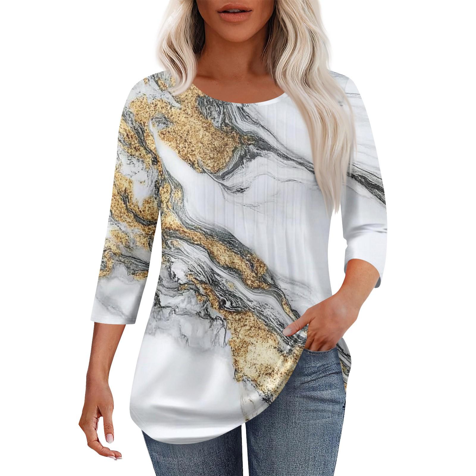 

Женская мода повседневная плиссированная футболка с круглым вырезом и принтом с рукавом три четверти M тёмно-синий