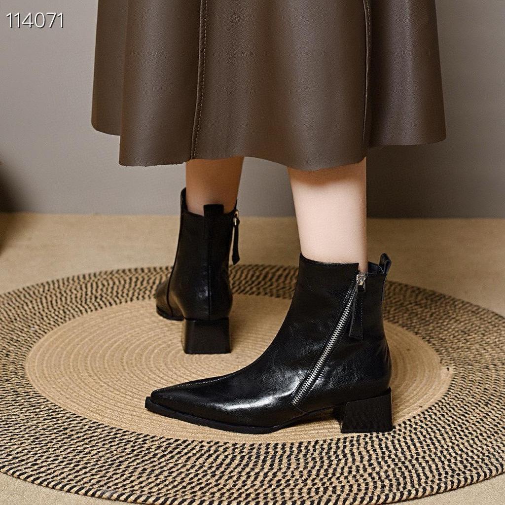 Women's Fleece-Lined Pointed Toe Ankle Boots - 2025 Autumn/Winter Collection, Chunky Medium Heel, Versatile & Slimming Martin Style