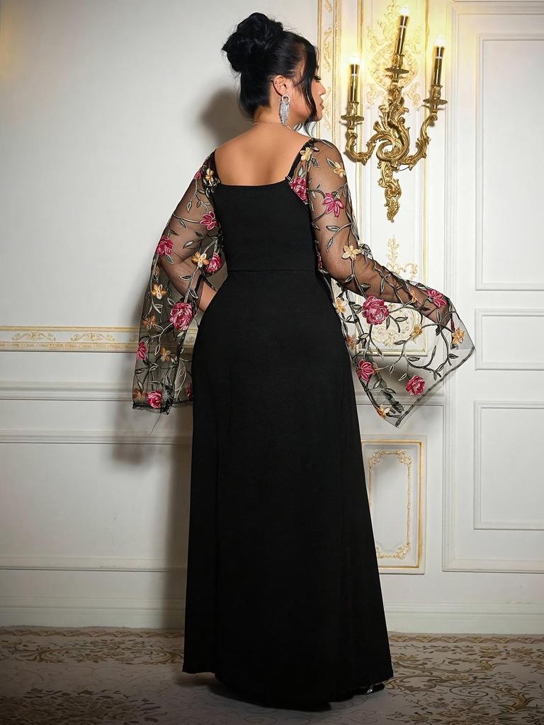 Elegante Plus Size Geborduurde Mesh Jurk voor Feesten - Lente, Herfst, Nieuwjaar, Valentijnsdag