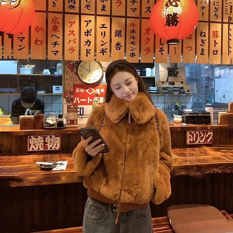 

Экологически чистая шуба из искусственного меха кролика рекс с воротником-стойкой, теплая и носибельная, для женщин, короткая, утолщенная S коричневый