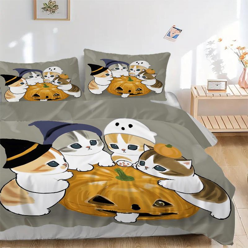 3pcs Halloween Kitties Quilt Cover Set - Soft & Comfortable Polyester Fabric, All-Season Breathable Comforter Set For 1 Quilt Cover & 2 Pillowcas