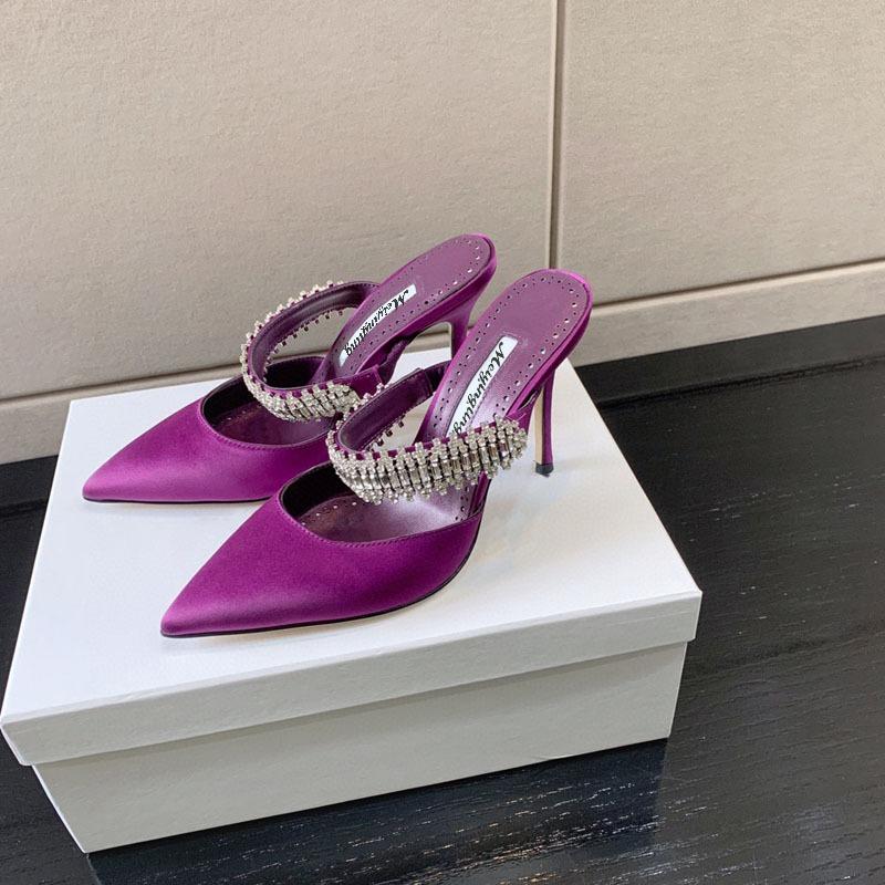 Pointy Pinheel Rhine-Diamond Chain Satin Top High Heels Mullers Pinheel Green Wedding Shoes Flat Bridesmaid Shoes