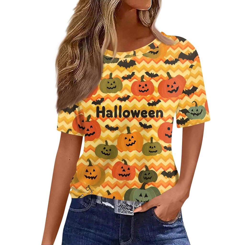 Modisches Lässiges Damen-Pullover-Oberteil mit Kurzarm und Halloween-Print, Rundhals