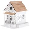 Outdoor Decorative Wooden Birdhouse – Handmade Miniature Villa Style, Blue Roof, Porch and Balcony – Garden or Backyard Wild Bird Decoration