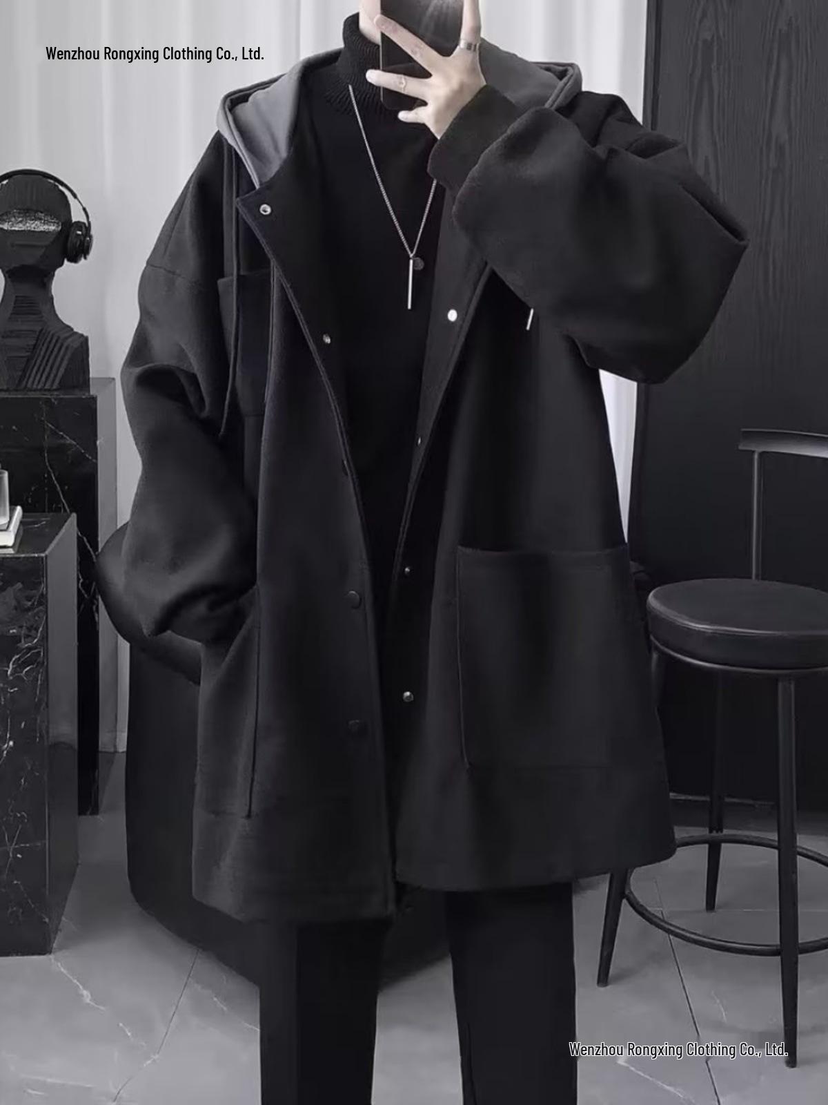 

Мужское шерстяное пальто средней длины с капюшоном, стеганое, черное, утолщенное, свободного кроя, ветровка M чёрный