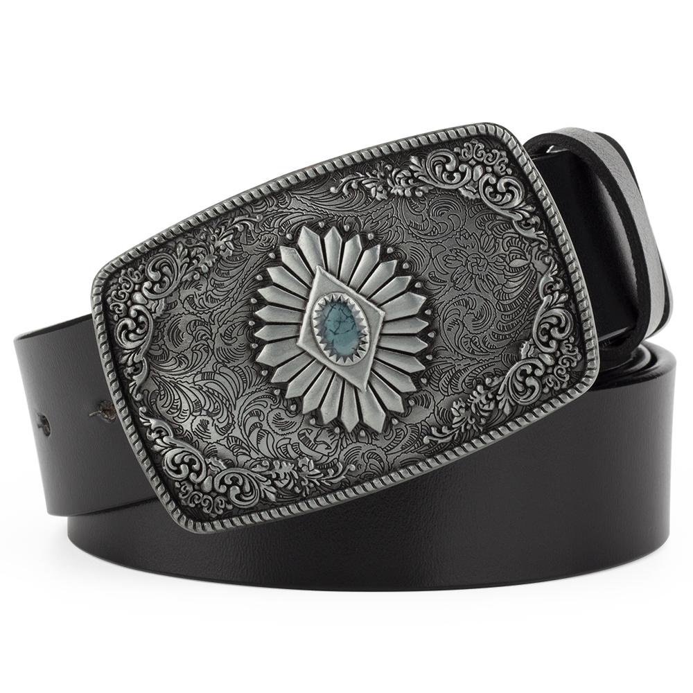 Classical Silver Carved Flower Pattern Buckle Enamel Sapphire Genuine Leather Belt For Women Men Belts Gift
