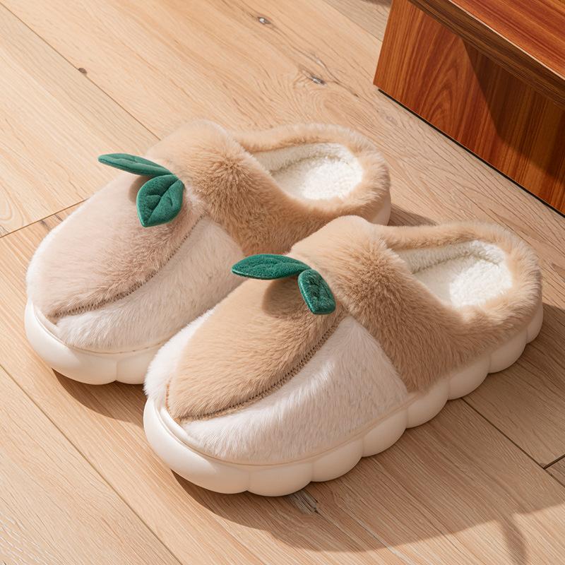 Home Plush Cotton Slippers Women's Autumn and Winter Indoor Soft Bottom Non-slip Plush Warm Couple Strawberry Leaf Cotton Mop