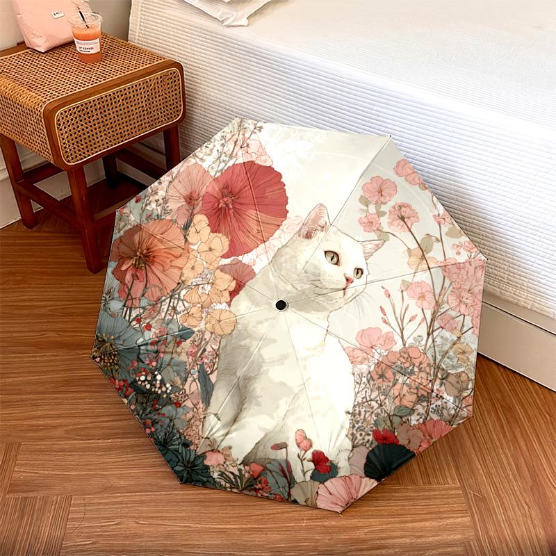 1 PC Automatic Folding Umbrella - White Cat Pattern, Portable & Foldable Design with 8 Ribs, Christmas Birthday Gifts