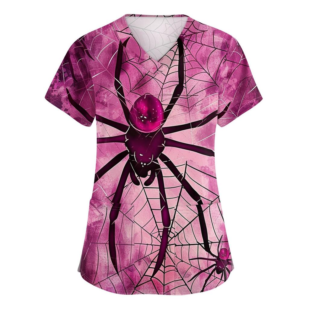 Women's V-neck Halloween Printed Short-sleeved Pocket Side-slit Protective Suit Top