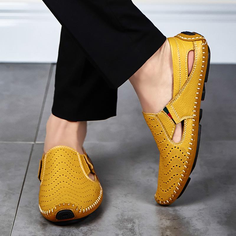 

Мужские сандалии, черные кожаные туфли для вождения, сандалии-гладиаторы, уличные летние римские сандалии для мужчин, пляжная обувь больших размеров EU:47 жёлтый