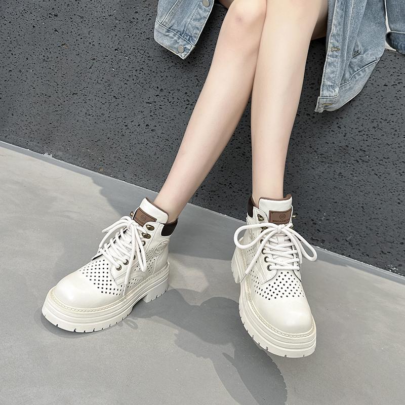 Summer Hollow Breathable Cool Boots Women's Genuine Leather Perforated Martin Boots with Increased Height Inside Casual Short Boots