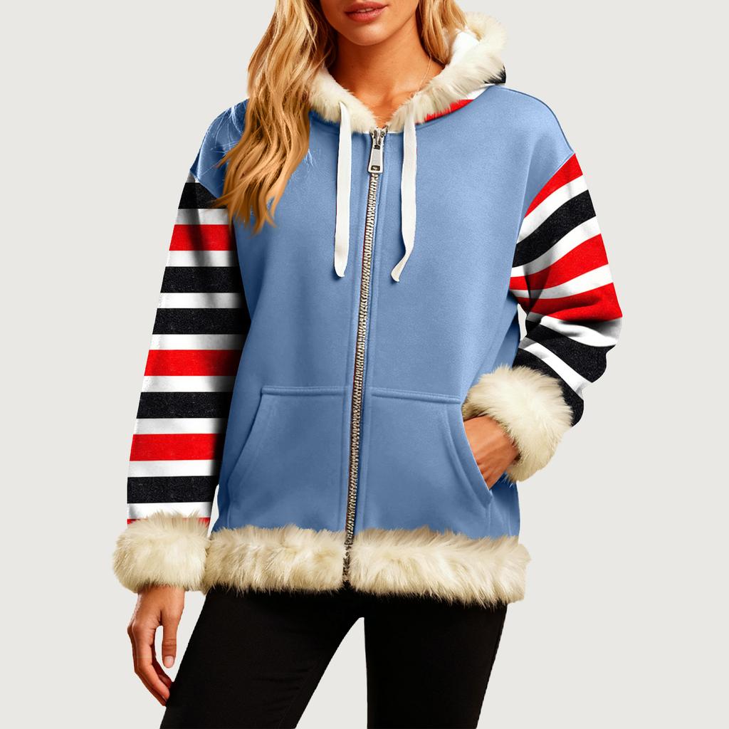 Damen Bequeme Lockere Mode Lässig Gestreifter Druck Langarm Taschen Kapuzenpullover Jacke