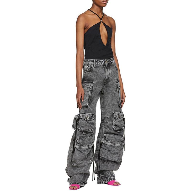 Solid Color Multi-pocket Loose Jeans Women's High Street Retro Hip-hop Wide-leg Pants Casual Straight High-waisted Jeans Women  Plus Size