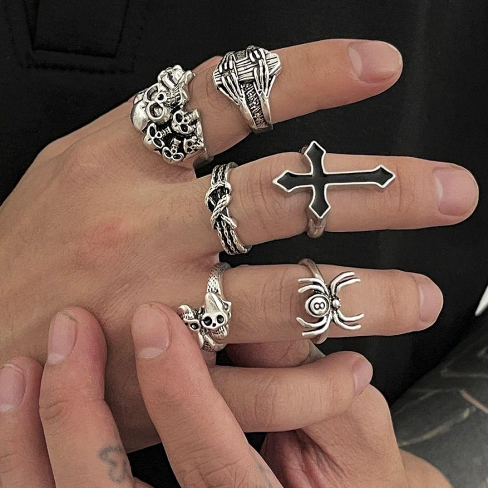 6pcs/Set Goth Halloween Ring Set Korean Style Skeleton Skull Rings Set Hip Hop Skeleton Rings  Women