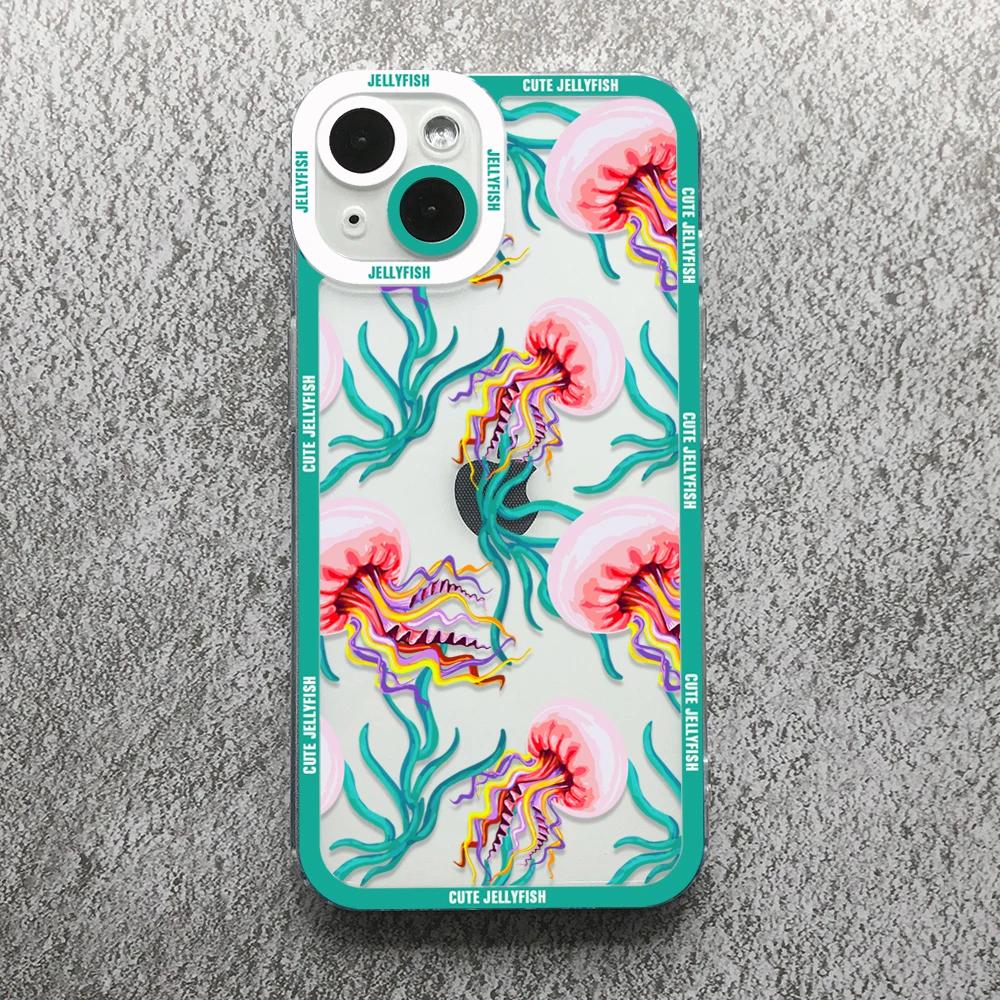 Funny Cartoon Jellyfish Phone Case For iPhone 17 16 15 14 13 12 11 Pro Max Mini Plus 7 8 Air Shockproof Transparent Soft Cover