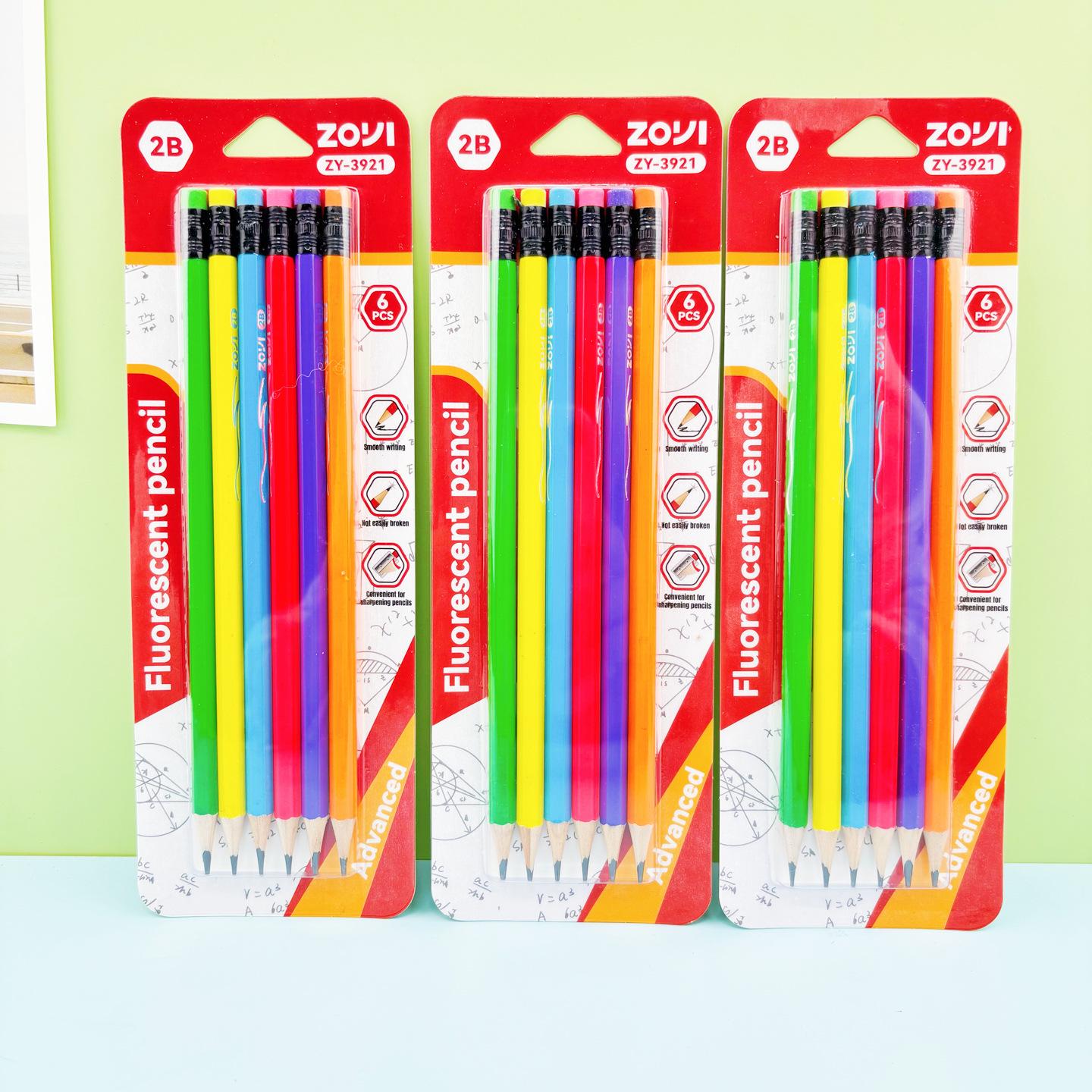 Triangular Barrel 2B Sketch Pencil with Leather Eraser for Students 6-Pack Card Packaged