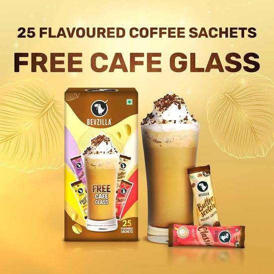 Bevzilla Premium Glass & 25 Flavoured Coffee Sachets/Pouch Box | Butterscotch, Classic, Vanilla & Hazelnut Flavour | Preimum Gift Box