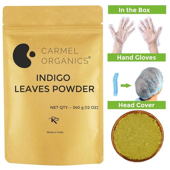 CARMEL ORGANICS Indigo Leaves Powder (340 Grams) – Natural Hair Colorant for Black/Brown Hair, Includes Gloves & Hair Cap, Indigofera Tinctoria