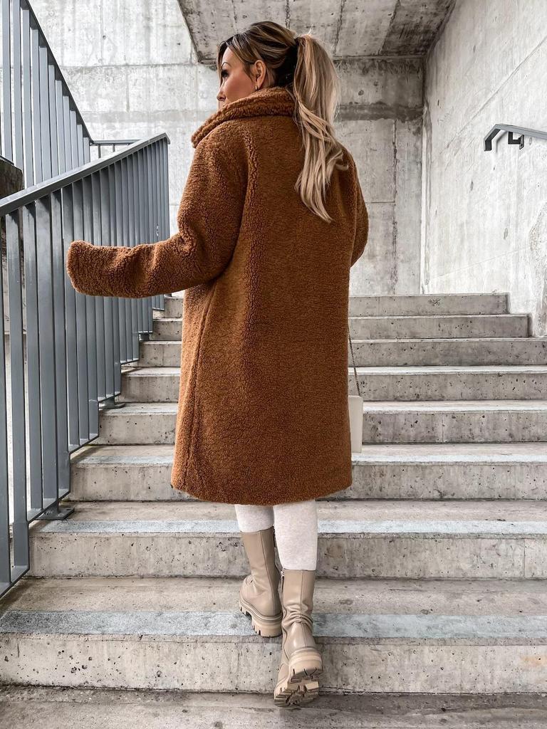 2025 Autumn/Winter Women's Plush Long Coat: Furry, Long-Sleeved, Turn-Down Collar