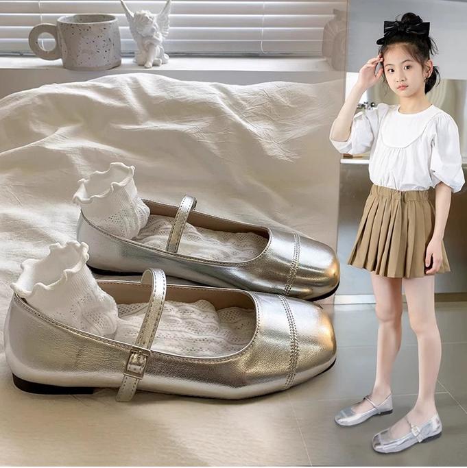 Girls Flat Shoes Soft Color Silver Black Narrow Kids Mary Janes Square End Comfortable Kids School Party Wedding Shoes 26-37 New
