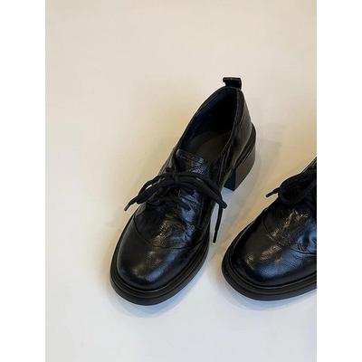 Washed Cowhide~ British Retro Leather Round Head Lace-up Commuting Versatile Thick Heel Small Leather Shoes Women's Single Shoes