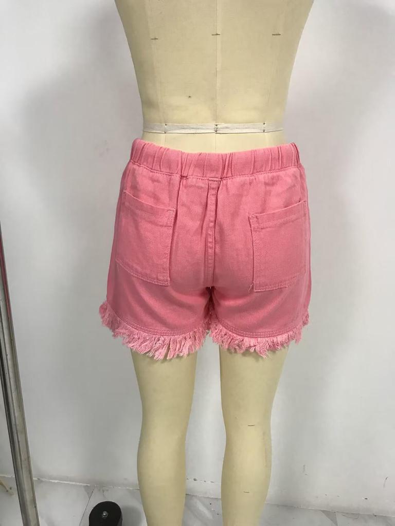 Women's Elastic Waist Tassel Denim Shorts