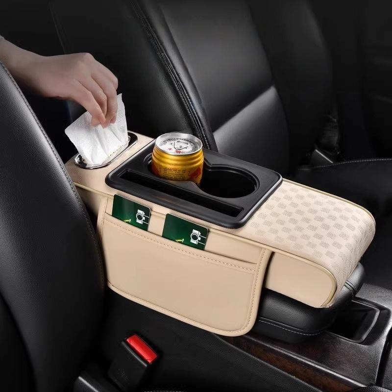 Universal Auto Center Console Armrest Pillow Arm Rest Cover with 2 Cup Holder & Tissue Box PU Leather Car Armrest Cushion