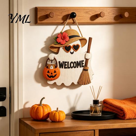 Halloween Party Supplies Ghost Welcome Door Hanger, Cute Wooden Sign with Witch Hat & Pumpkin Wall Elements, Fall Indoor Outdoor Decor for Holiday