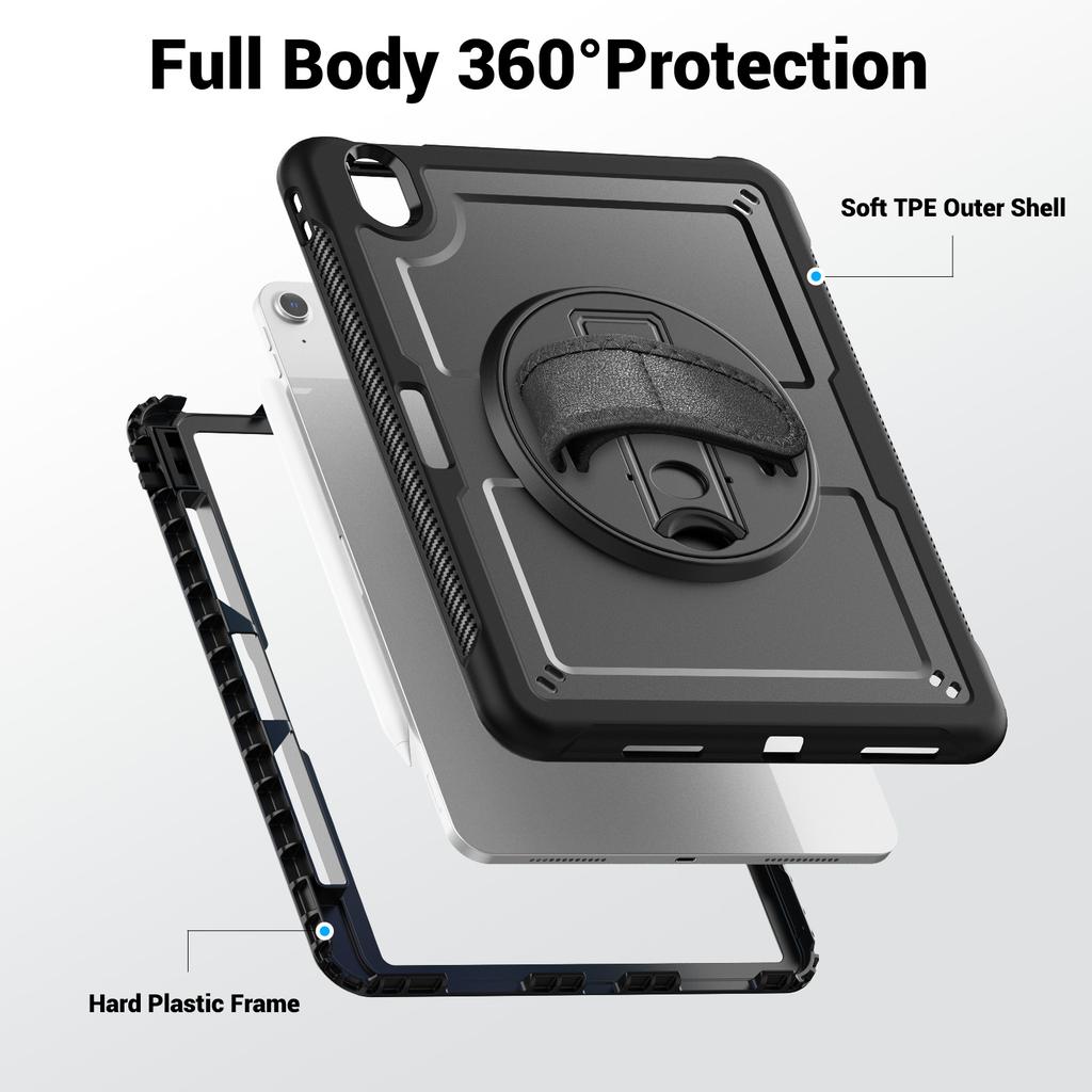 For iPad Air 11 (2025) M3 A3266/(2024) M2 A2902 Case Rotating Kickstand PC + TPE Shockproof Tablet Cover with Hand Strap