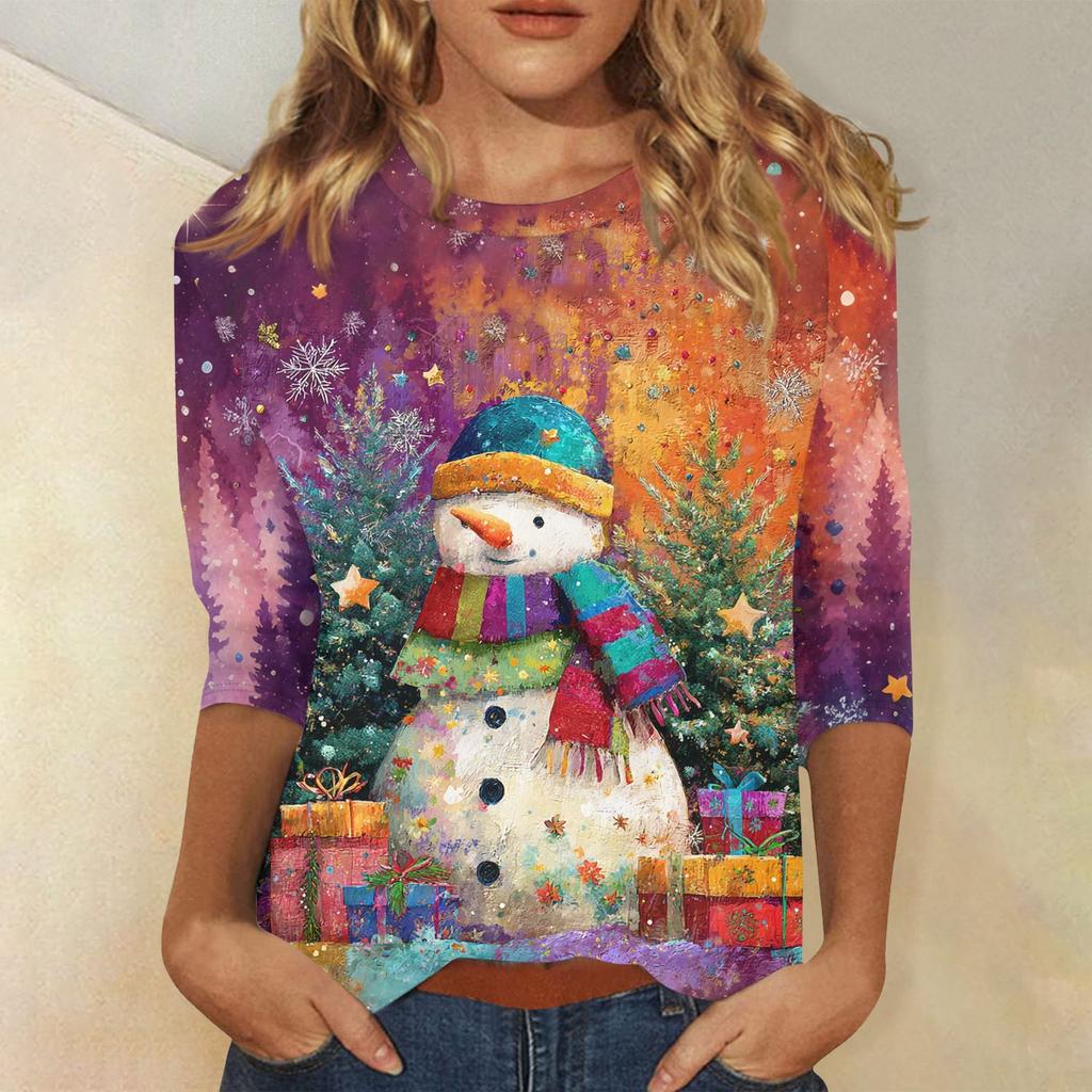 3/4 Sleeve Shirts For Women Print Christmas Tees Blouses Casual Plus Size Basic Tops Pullover