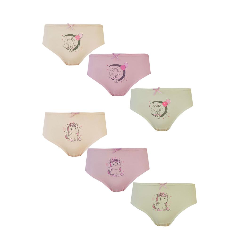 Tekkaplan 6lı Kız Çocuk Baskılı Renkli Külot Pamuklu Likralı Slip