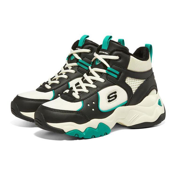 Skechers DLites 3.0 Fabric Synthetic Leather Comfortable Lightweight High-Top Dad Shoes Women Sneakers Black White Green 167266-BKNT