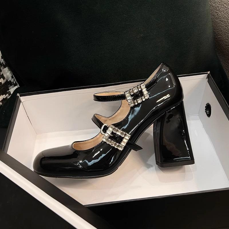 Mary Jane shoes black fashion rhinestone square buckle small leather shoes single shoes thick heel one-word buckle retro high heels women