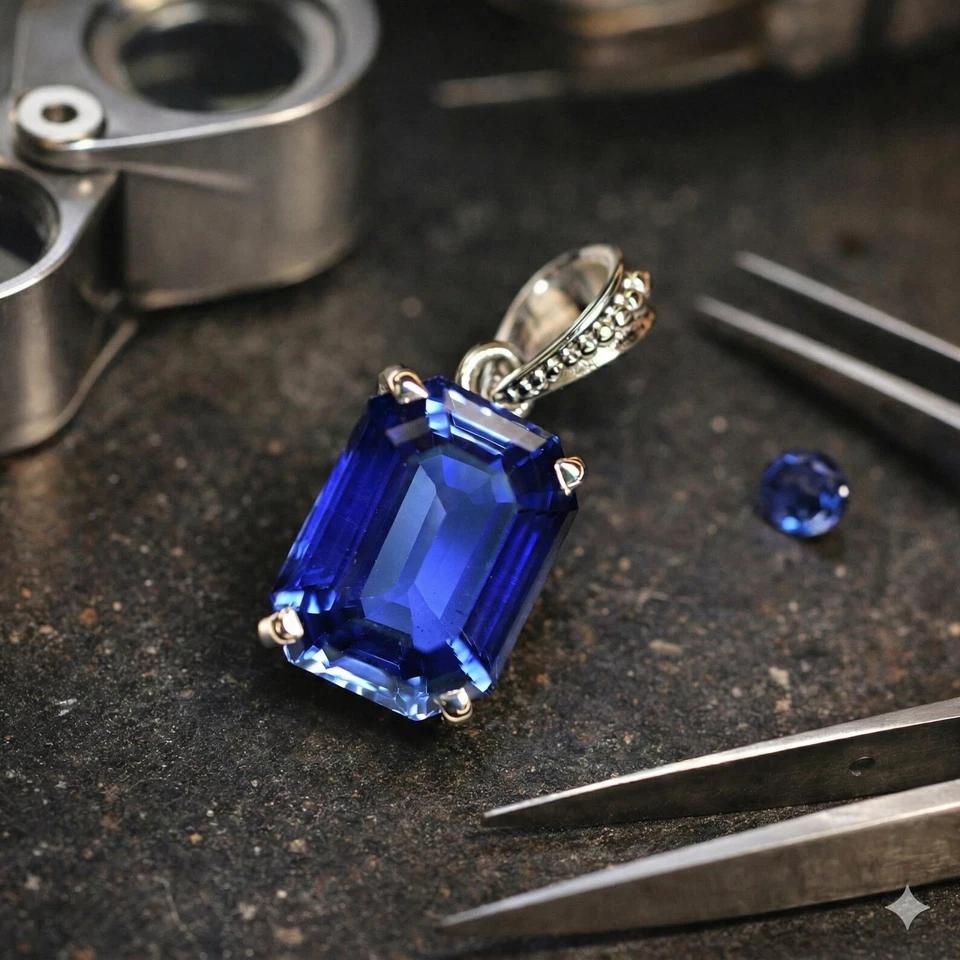 Natural Blue Sapphire Pendant 925 Sterling Silver Emerald Cut 18ct Gem September Birthday Birthstone