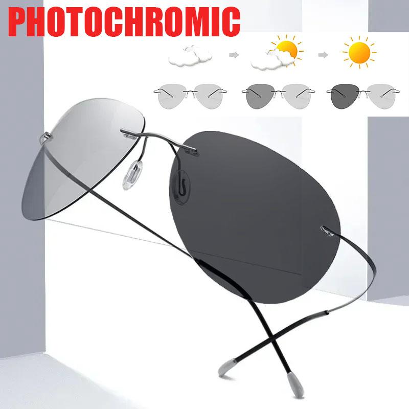 Men Ultralight Photochromic Lens Sunglasses Men Rimless Night Vision Glasses Women Driving Sports Summer Style