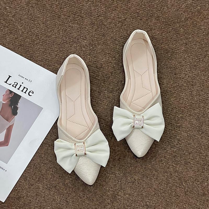 

Туфли-лодочки на плоской подошве с острым носком, женские летние новые туфли с бантом, на мягкой подошве, с темпераментом, полые сандалии 39 бежевый