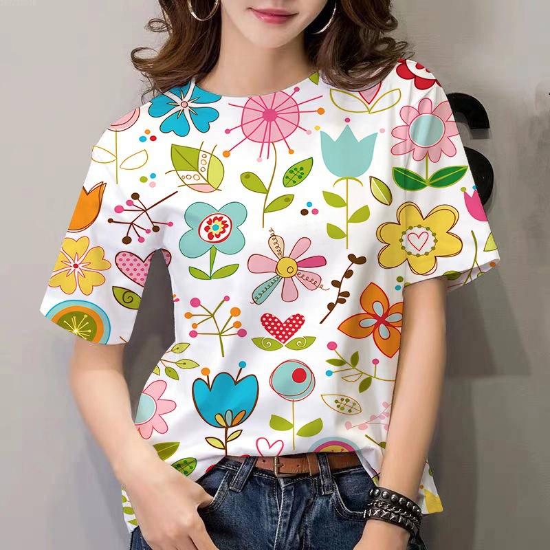 Letní dámské tričko s kulatým výstřihem, květinovým vzorem a 3D potiskem, módní, ležérní, s krátkým rukávem