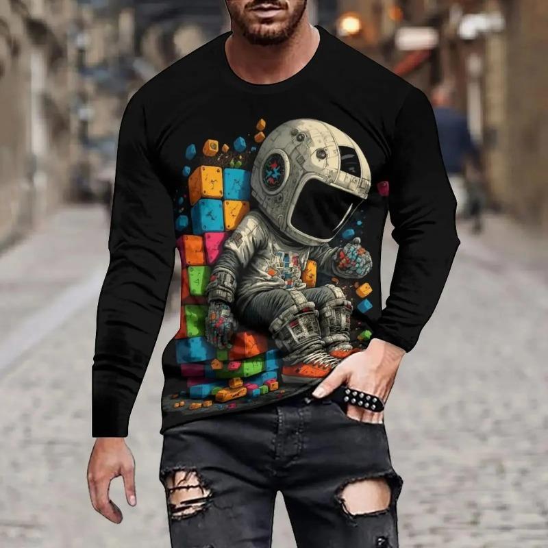 Street Personality Fashion Astronaut Fun Summer Men 3d Printed Crew Neck Long Sleeve Sleeve T-Shirt Loose Casual Clothing