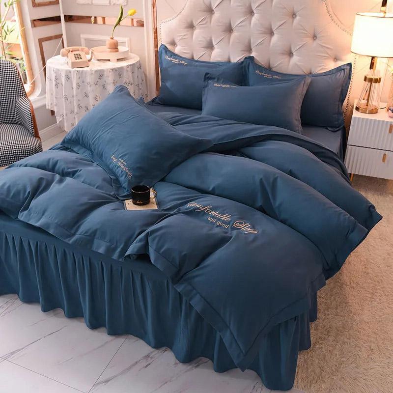 4pcs/set European-style Simple and Modern Solid Color Embroidered Quilt Bedding Bed Skirt Set Bedding Set Comfortable Soft Four-piece Set