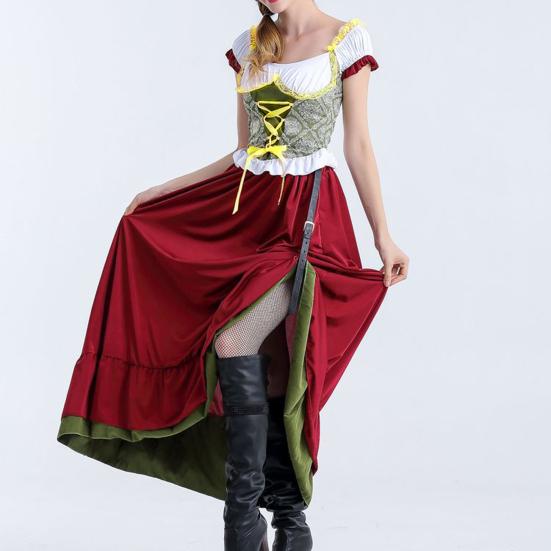 

3 Pcs/Set Lady Halloween Costume Beer Clothes Contrast Color Hat Slim Fit Patchwork Role Play Lace Up Short Sleeves German Beer Clothes
