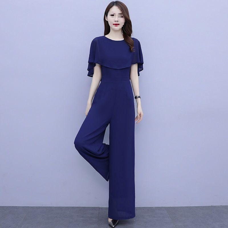 

Elegant Black Chiffon Wide-Leg Jumpsuit Set for Women - Slimming Summer Style Small темно-синий