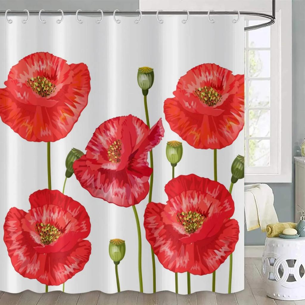 Red Poppy Flower Shower Curtain with Hooks, Washable Fabric, Bathroom Curtains, Floral