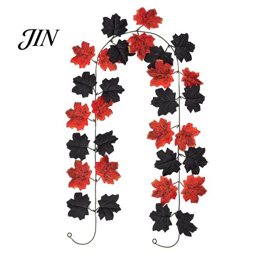 Autumn Retro Wall Art Artificial Maple Leaf Garland, Faux Vine, Black & Red Fall Flexible Rattan Garland Leaves Hanging Vine for Fireplace Front Door