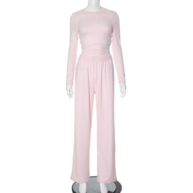 Y24ST593 Women's Casual Solid Color Round Neck Long Sleeve Top and Wide Leg Pants Set for Spring and Autumn