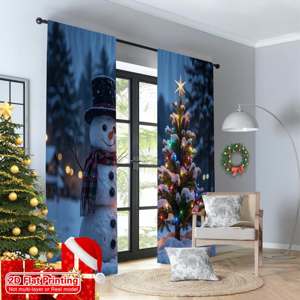 2pcs 2D Flat Printing Merry Christmas Party Curtains Winter Snowman Christmas Tree 100% Polyester Without Electricity Festive