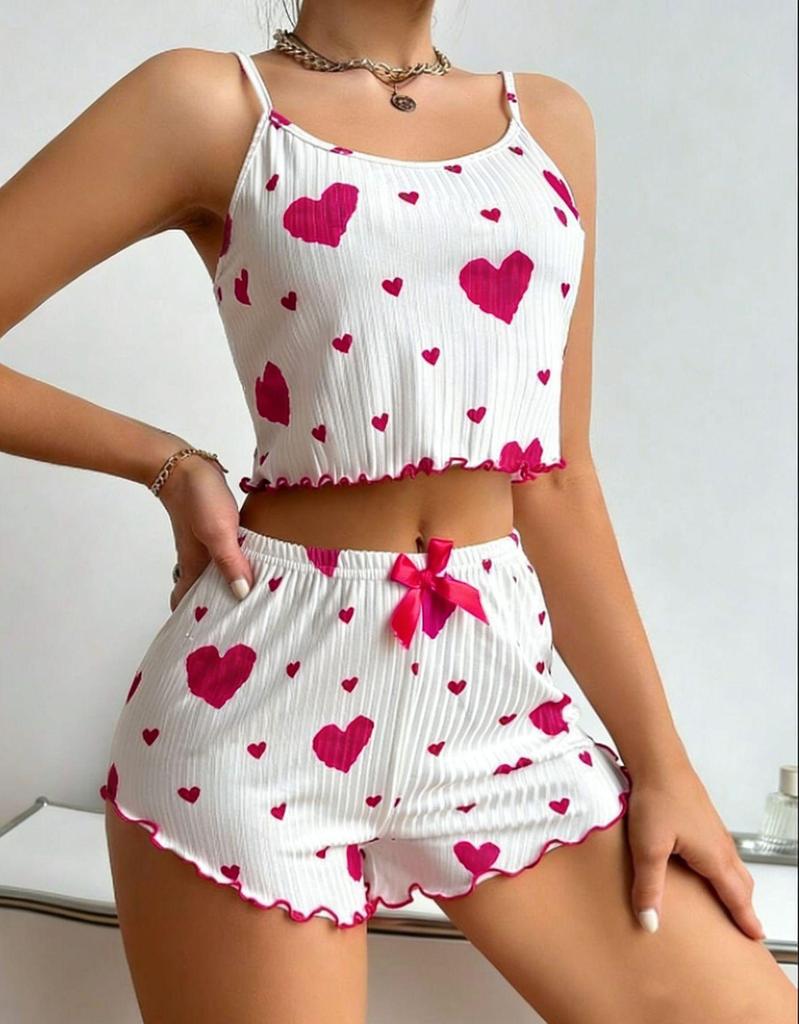 Heart Print Camisole and Shorts: Women's Autumn Ribbed Pajamas and Casual Wear