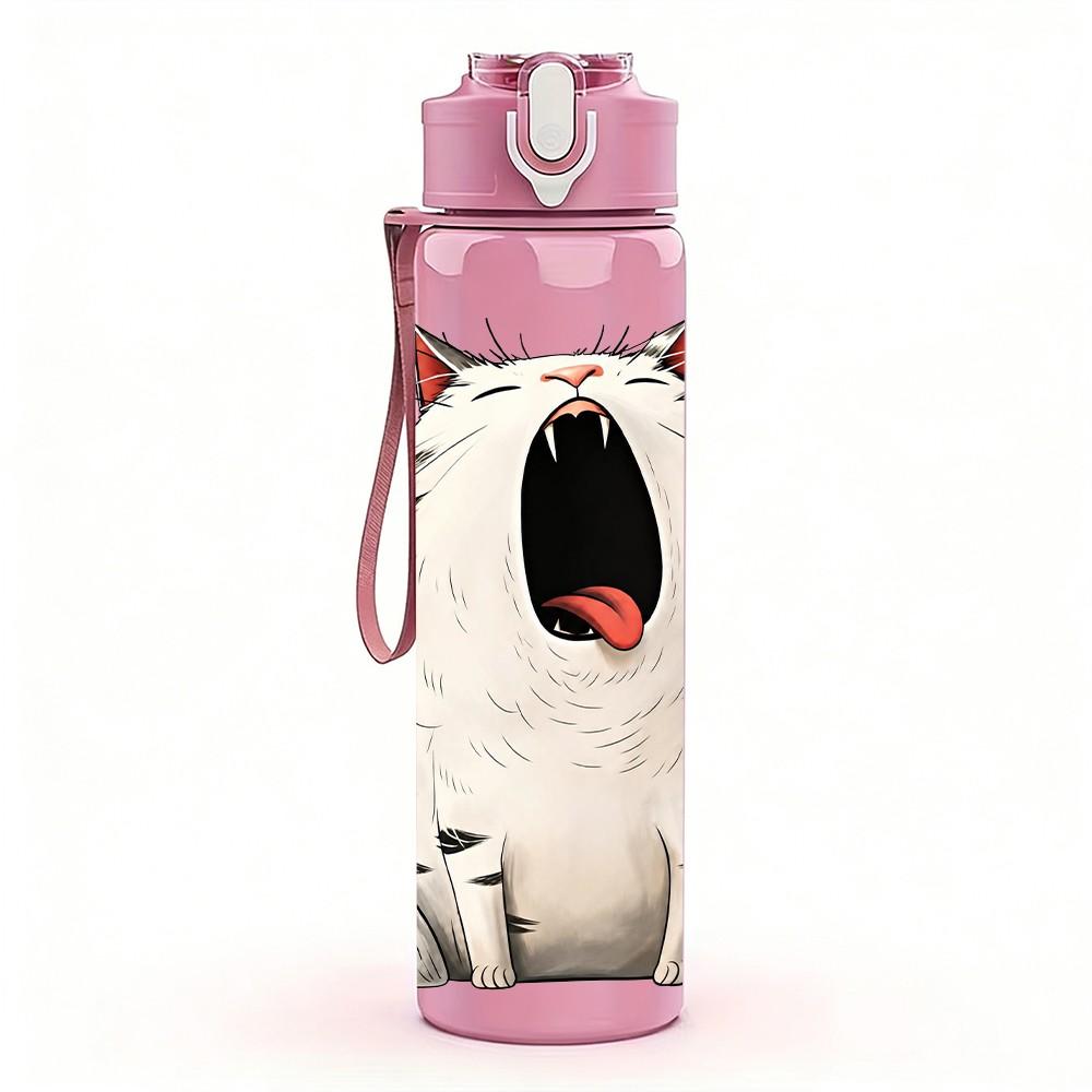 1PC Angry Fat Cat Cartoon 750ml Color Plastic Sports Water Bottle Leakproof Flip Straw Lid Suitable for Sports Office Home Use